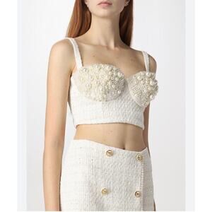 Elisabetta Franchi Tweed Pearl Embellished Sleeveless Crop Bustier Top Ivory S